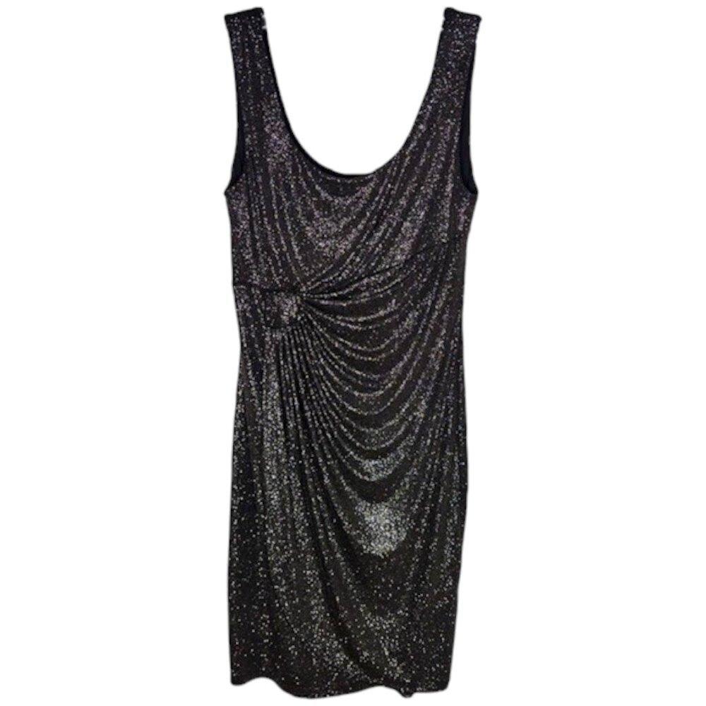 Connected Apparel Shimmer Tank Dress Ruched Side Faux Wrap - Black/Silver - 8